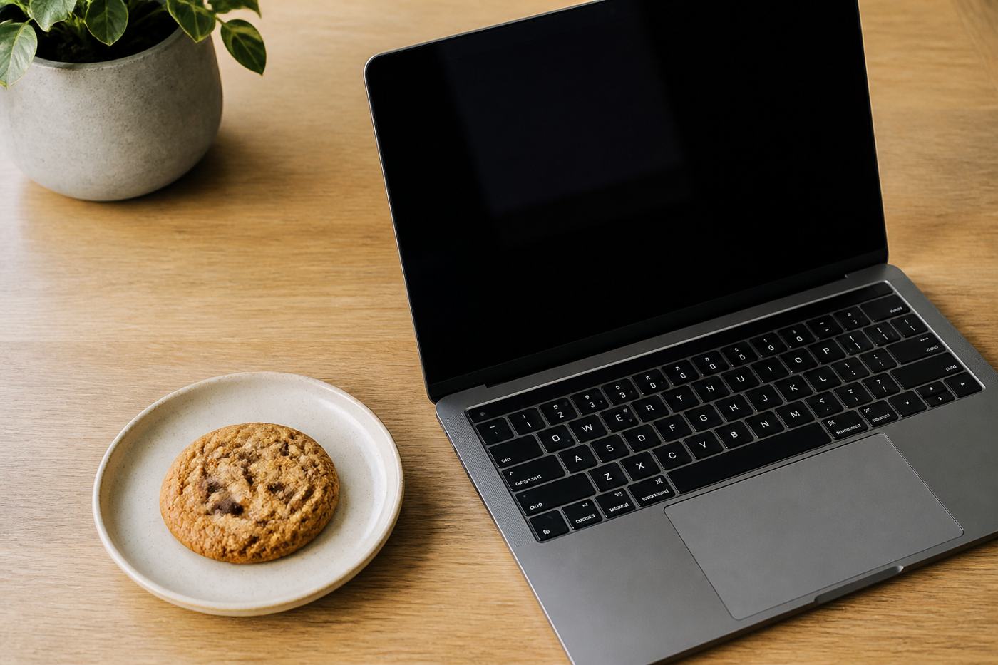 Cookie on a saucer next to a dark laptop, N1Bet cookies banner