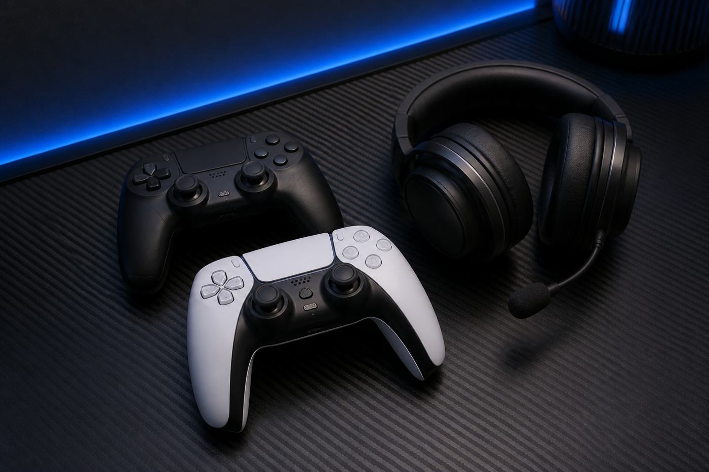 Game controllers and headset on a dark desk, N1Bet esport banner