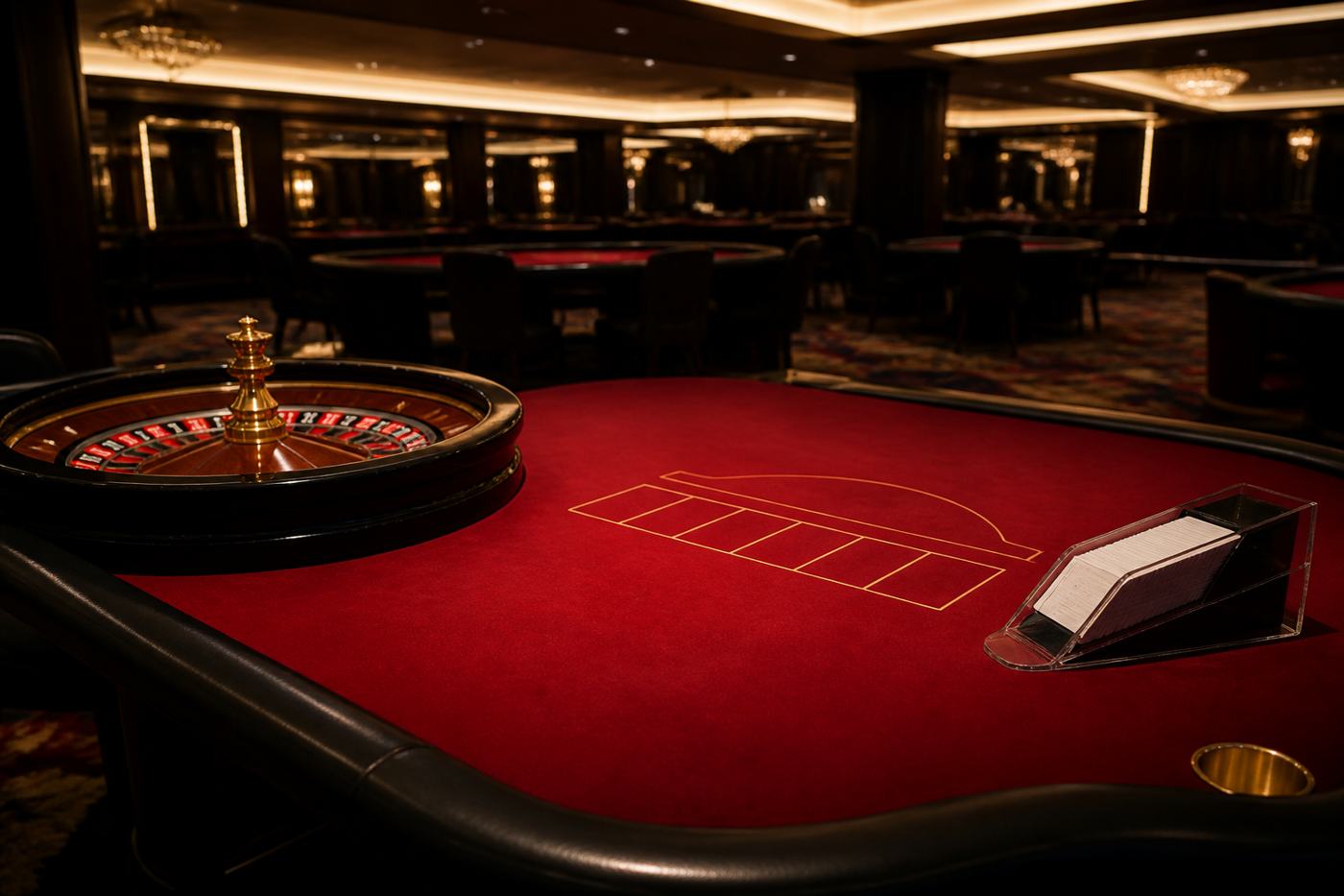 Empty live pit with roulette and a card shoe, N1Bet live casino banner