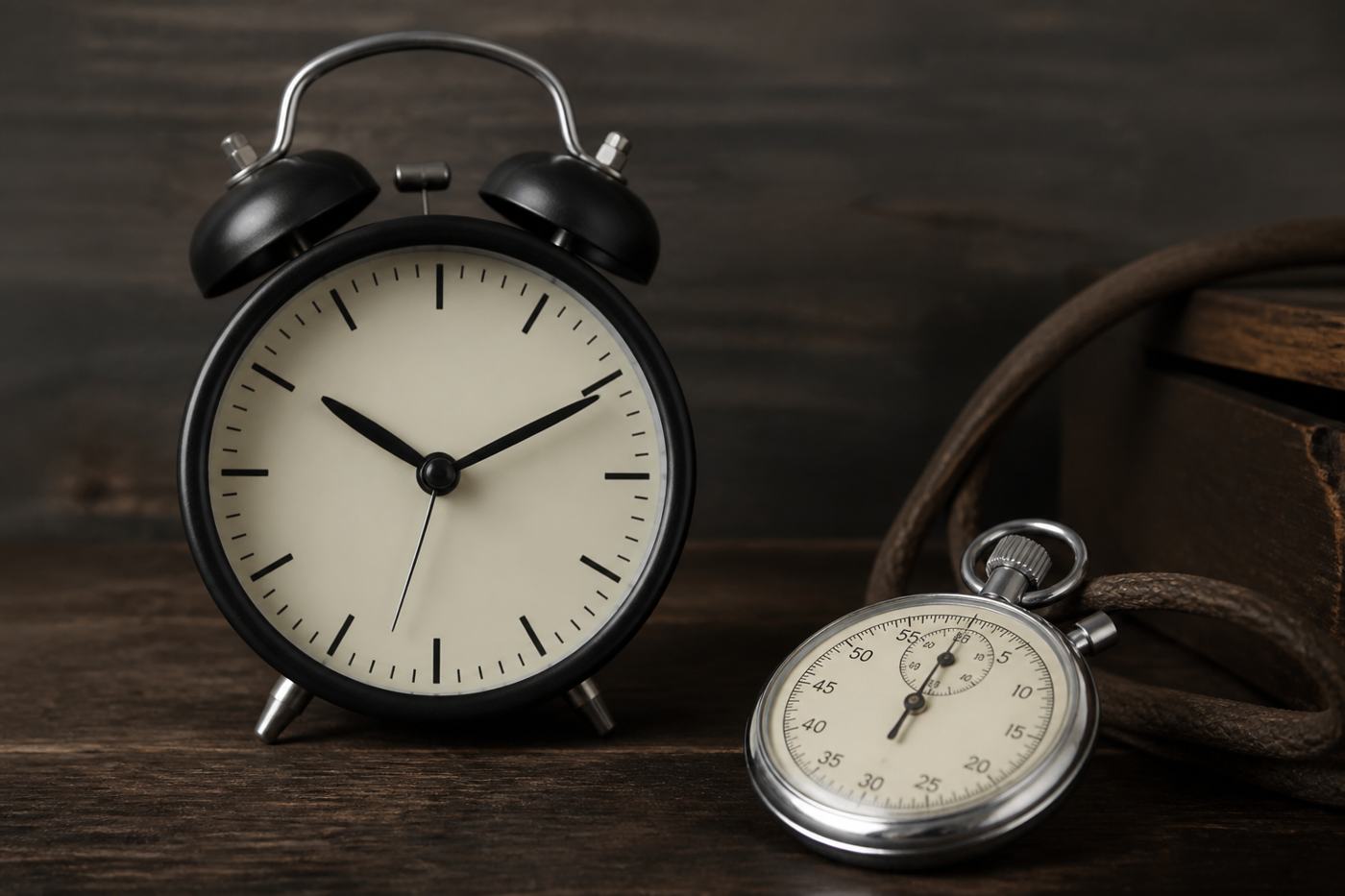 Alarm clock and stopwatch on wood, N1Bet responsible gambling banner