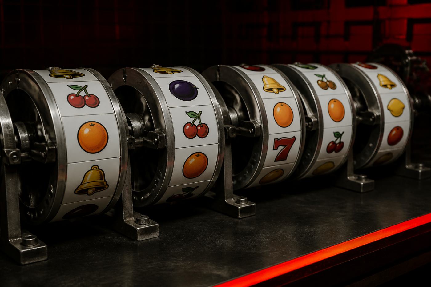 Metal slot reels on a dark bench, N1Bet slots page banner