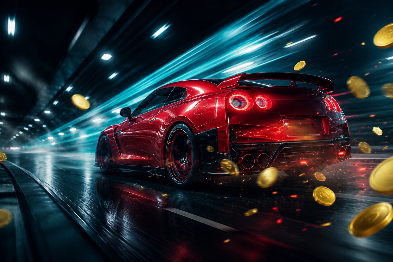 Red sports car in a tunnel with gold coins, N1Bet welcome pack