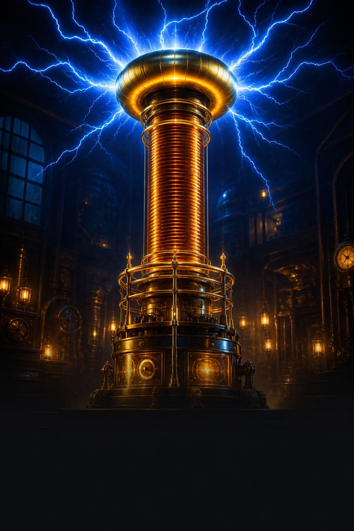 Golden Tesla coil with blue sparks for Energy True Blitz at N1Bet