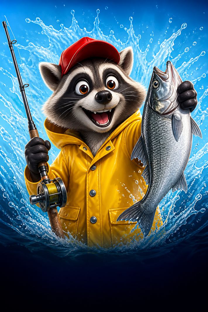 Cartoon raccoon fisherman for Le Fisherman at N1Bet