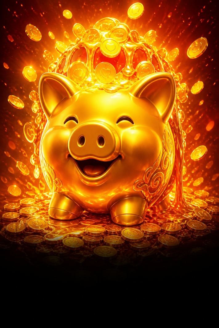 Golden piggy bank overflowing with coins for Coin Fusion at N1Bet