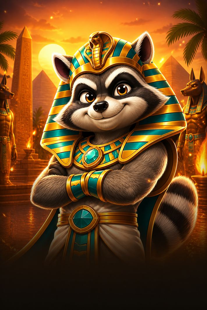 Cartoon raccoon pharaoh for Le Pharaoh at N1Bet