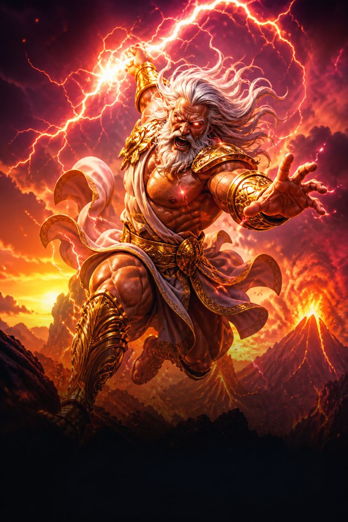 Storm deity mid-leap with orange lightning for Gates of Olympus Pop at N1Bet