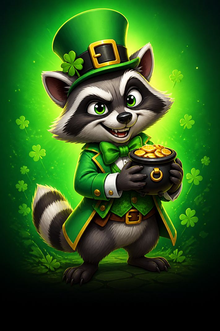 Cartoon raccoon leprechaun for Le Prechaun at N1Bet