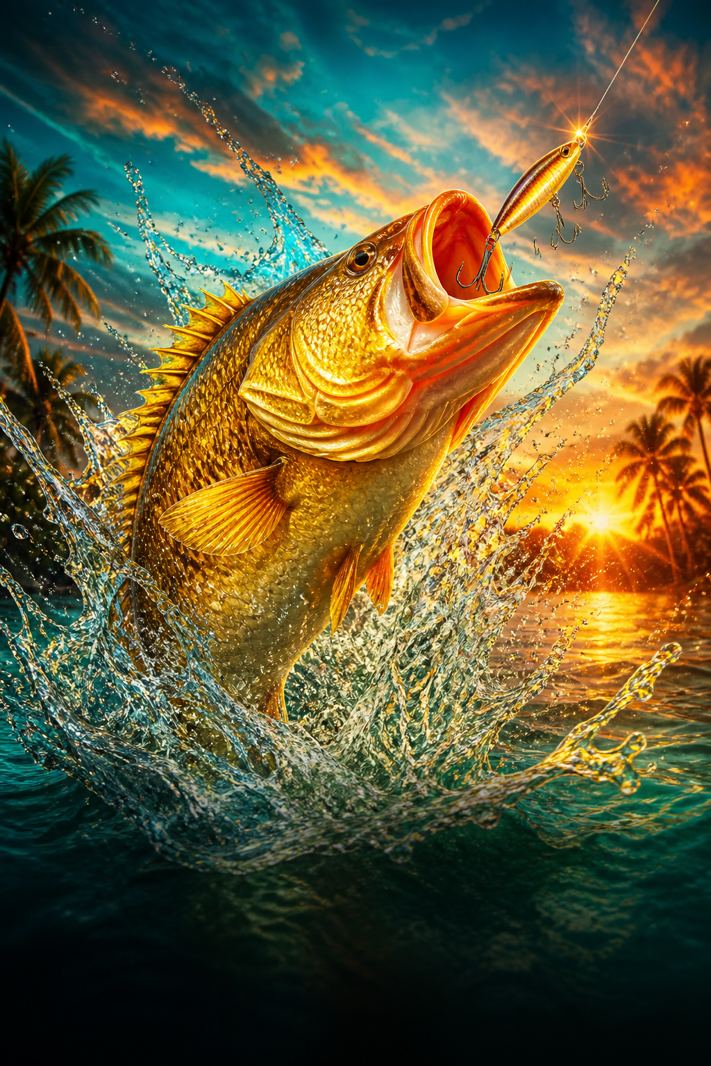 Golden bass leaping from a splash for Big Bass Splash at N1Bet